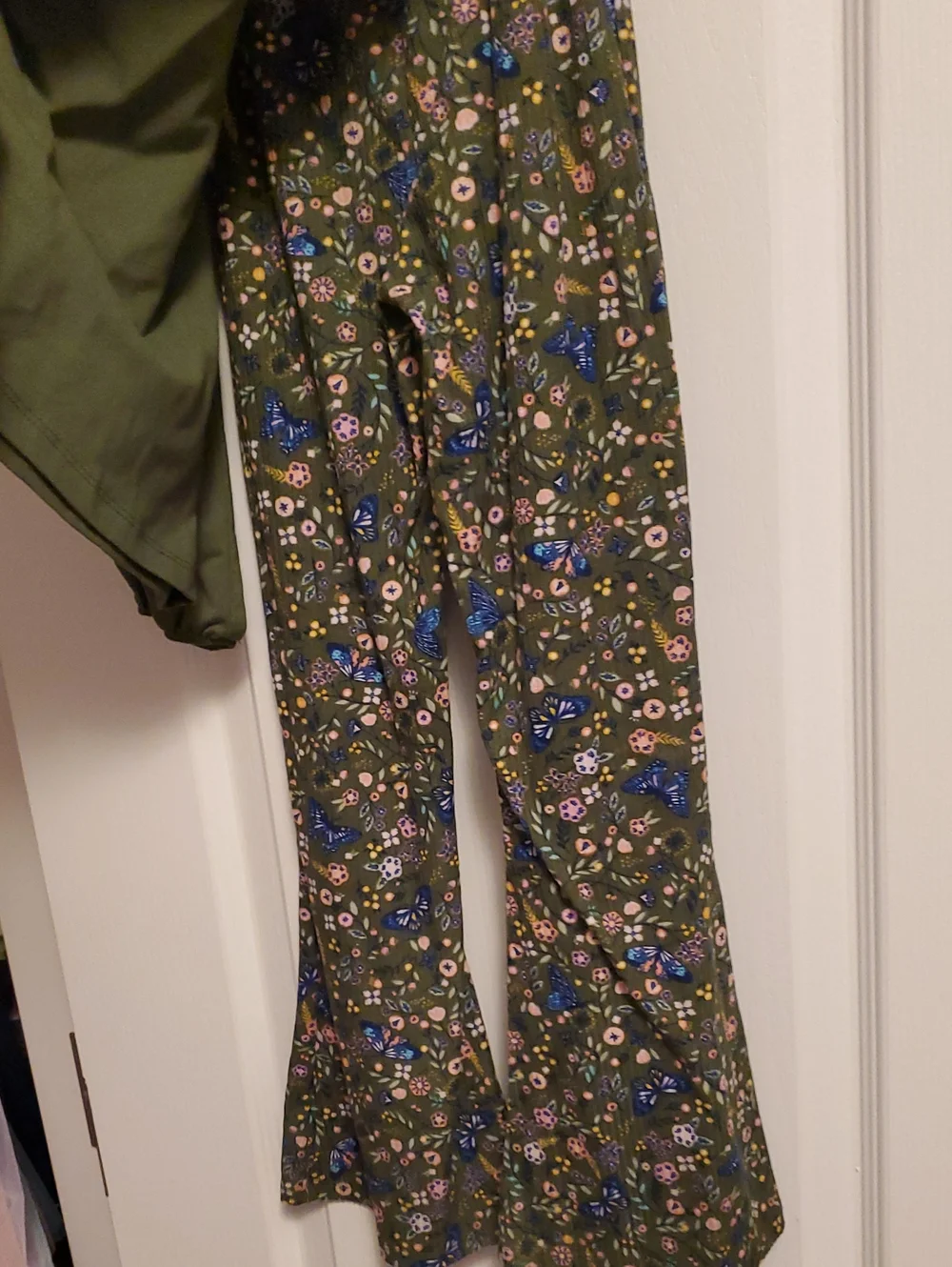 Olive Green Butterfly Sequin Top with Floral Flared Pants